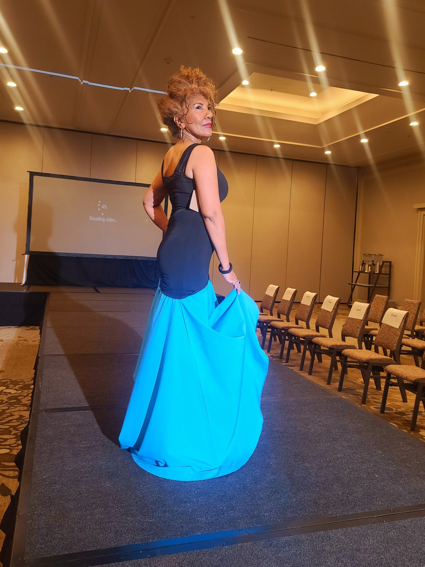 Cascade Blue Dress. Stunning, head turning design. Cascading ruffle hem. Perfect to fit body shape. This is the ultimate feminine any occasion dress...