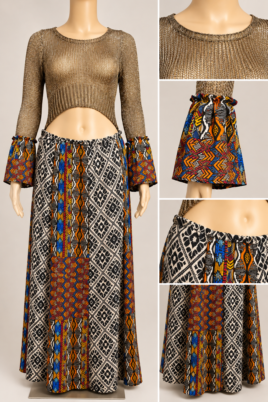 Golden Fusion – One-of-a-Kind Upcycled Bohemian Maxi Dress