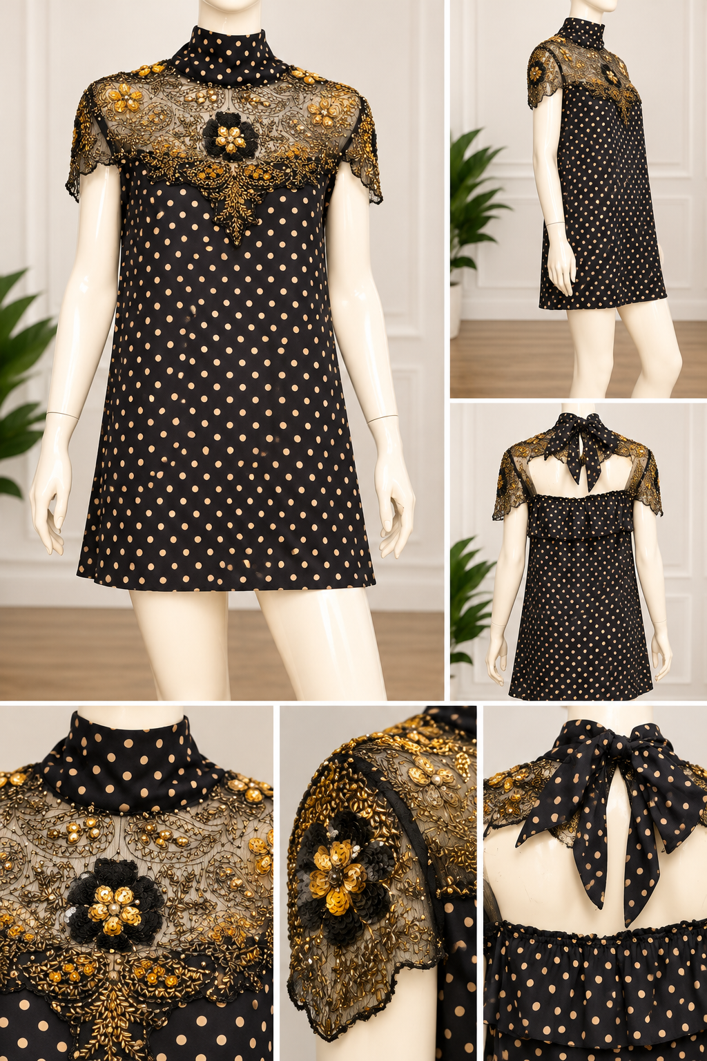 Golden Memories – Vintage Beaded Polka Dot Mini Dres