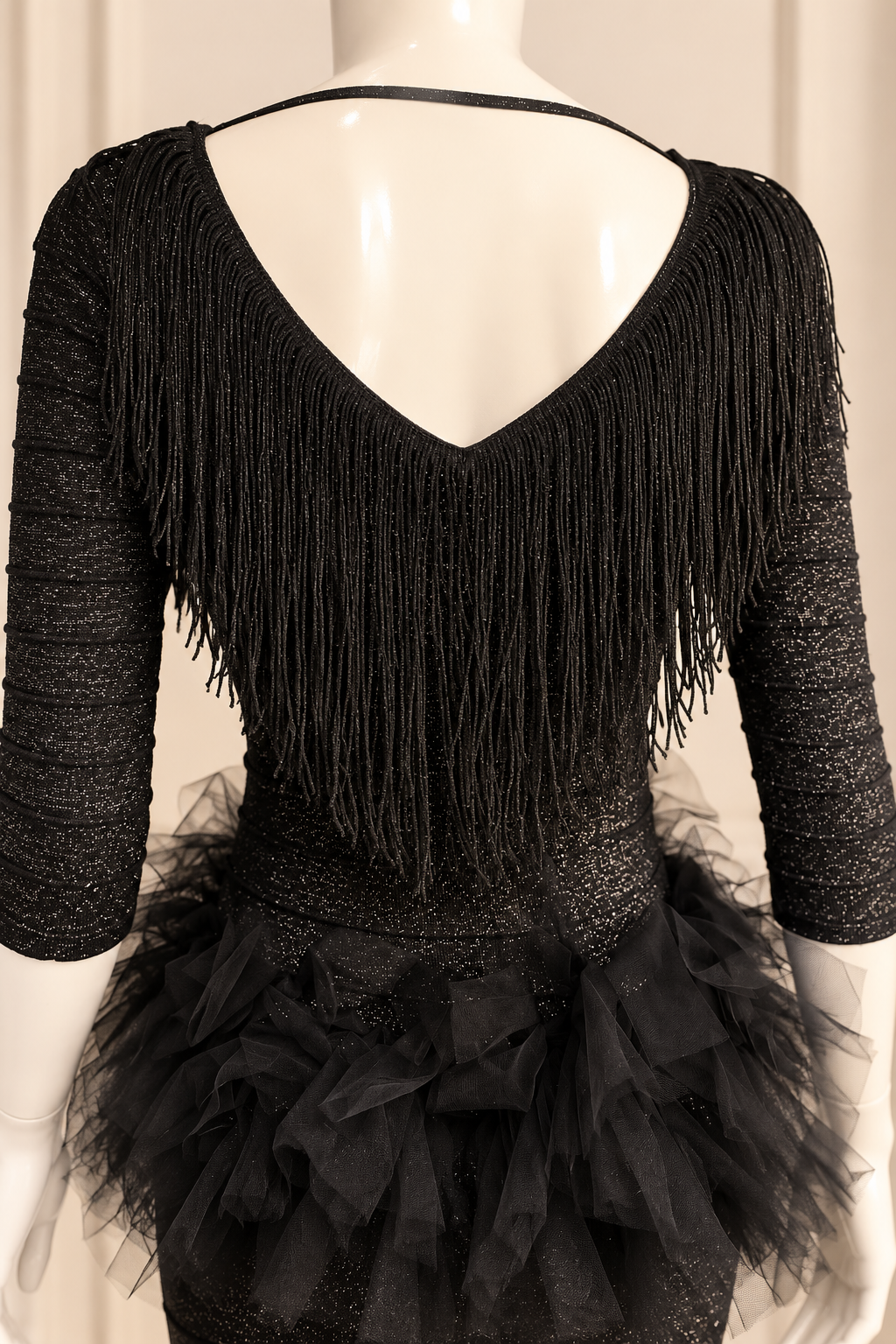 Midnight Glamour – Upcycled Black Fringe & Tulle Bodycon Dress