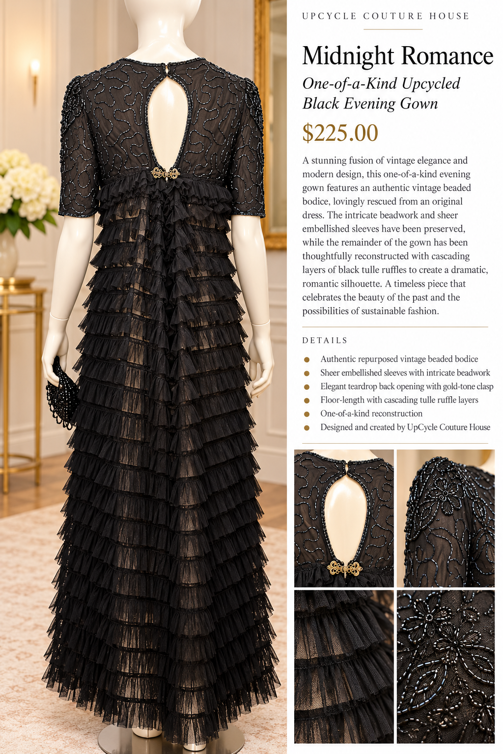Midnight Romance – One-of-a-Kind Upcycled Black Evening Gown
