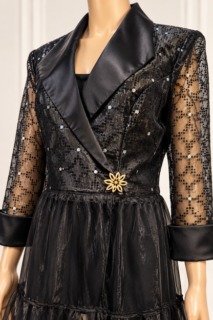 Black Sequin & Sheer Mesh Duster Cape – Upcycled Eveningwear Statement Piece