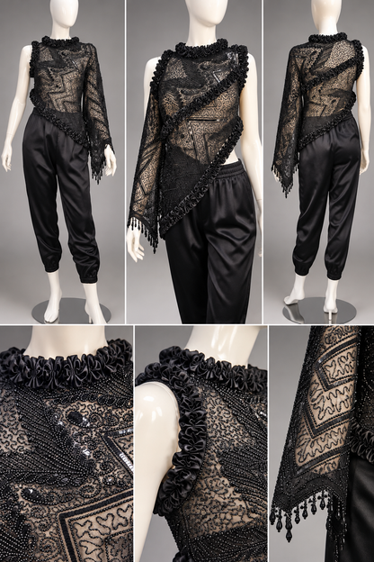 Midnight Revival -One-of-a-kind Upcycle Beaded Asymmetrical Poncho Top