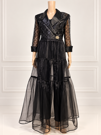 Black Sequin & Sheer Mesh Duster Cape – Upcycled Eveningwear Statement Piece