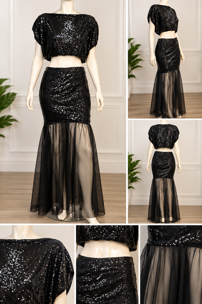 Midnight Glamour – Reimagined Black Sequin Two-Piece Evening Ensemble