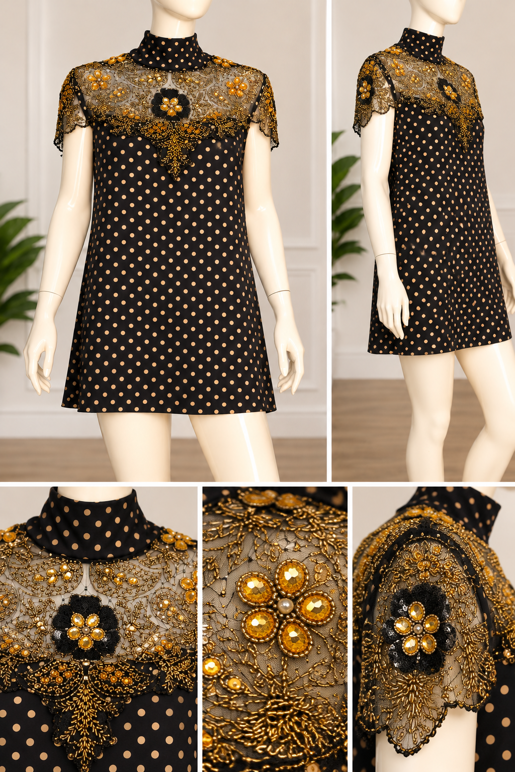 Golden Memories – Vintage Beaded Polka Dot Mini Dres
