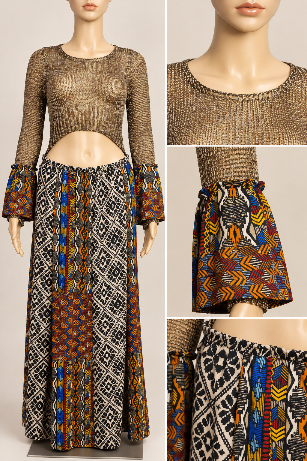 Golden Fusion – One-of-a-Kind Upcycled Bohemian Maxi Dress