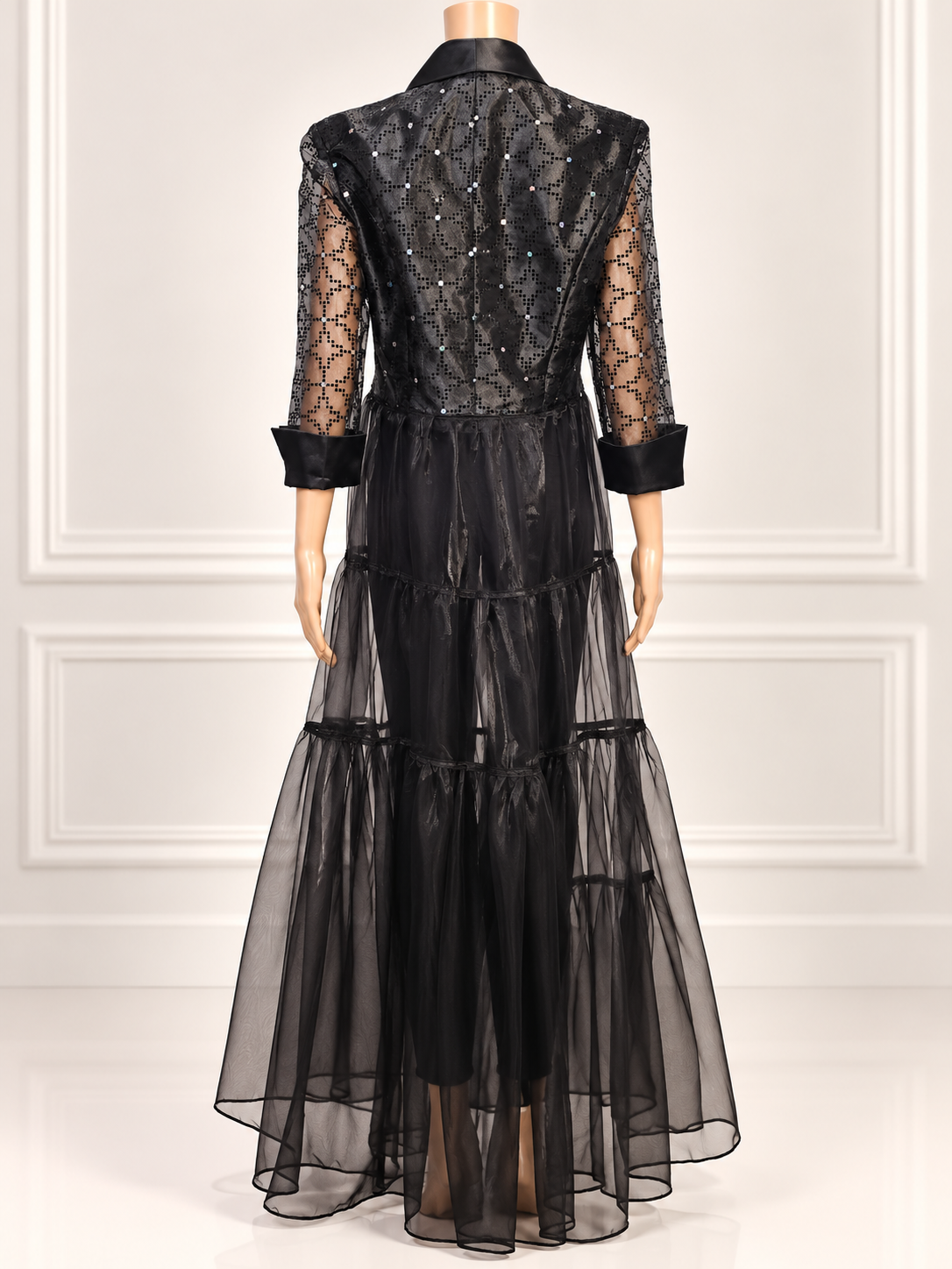 Black Sequin & Sheer Mesh Duster Cape – Upcycled Eveningwear Statement Piece