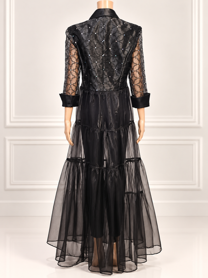 Black Sequin & Sheer Mesh Duster Cape – Upcycled Eveningwear Statement Piece