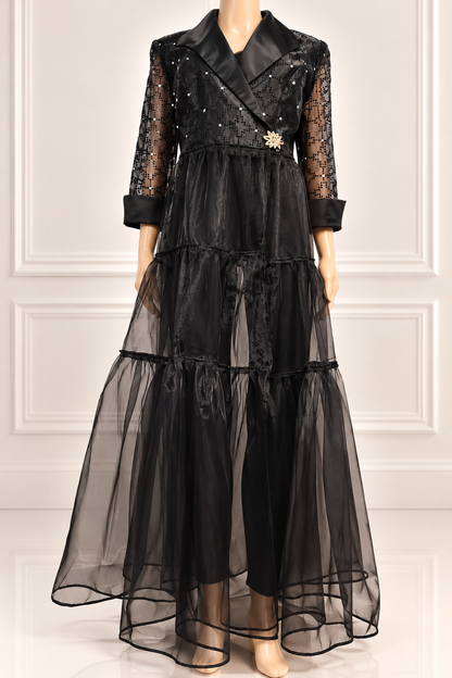 Black Sequin & Sheer Mesh Duster Cape – Upcycled Eveningwear Statement Piece