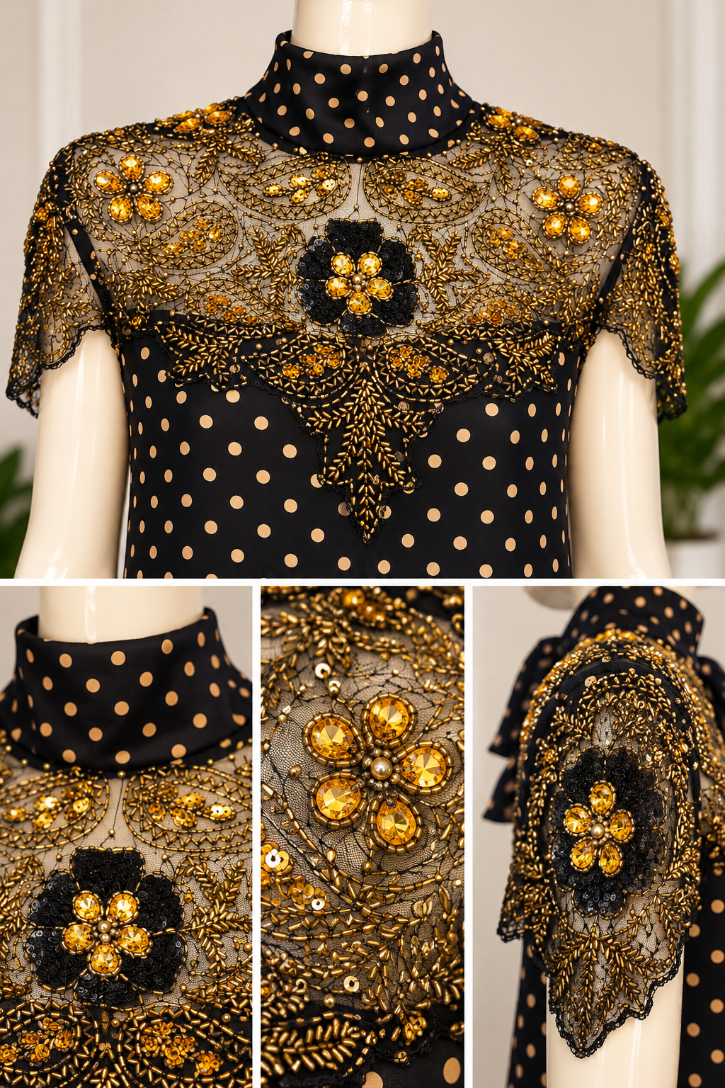 Golden Memories – Vintage Beaded Polka Dot Mini Dres