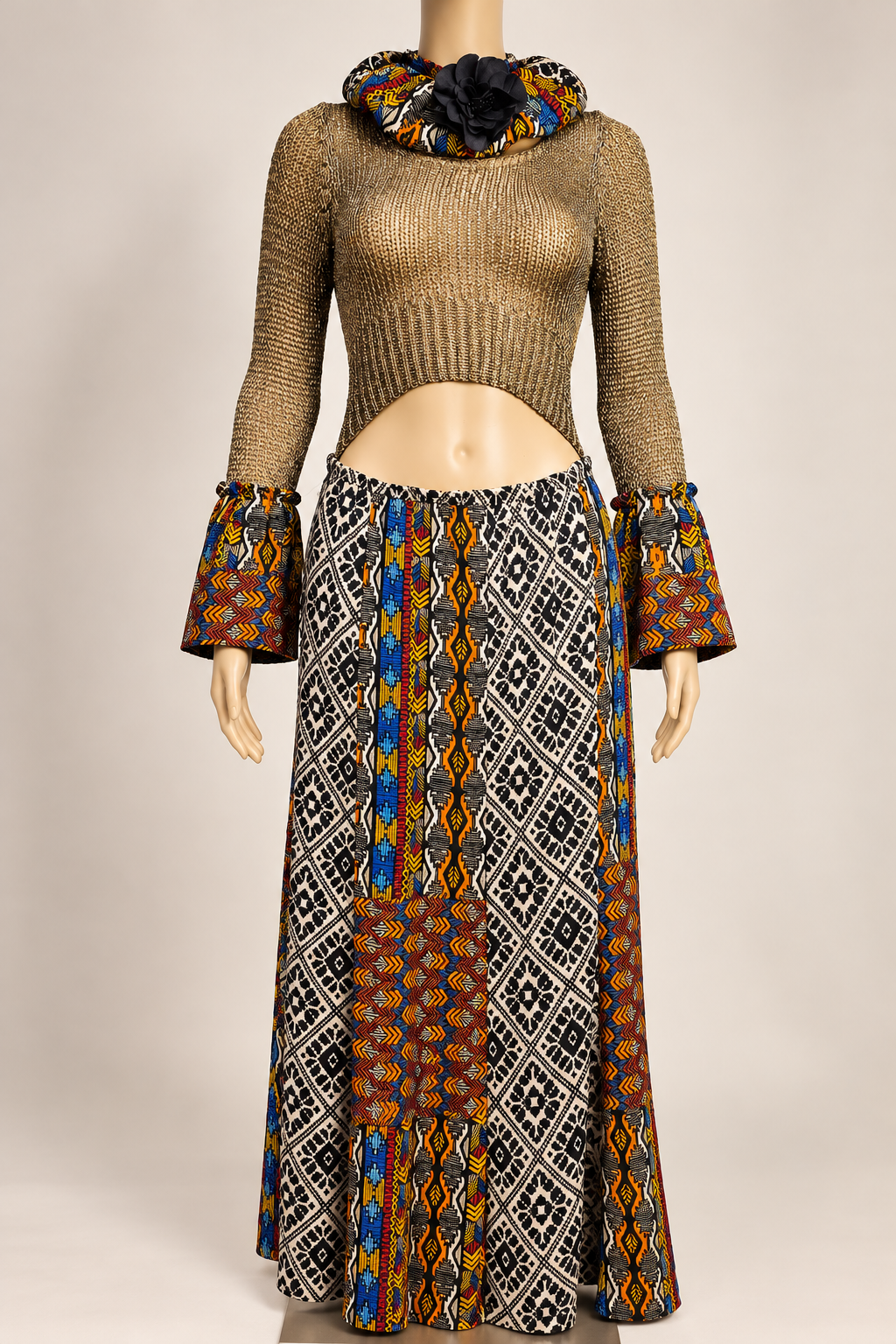 Golden Fusion – One-of-a-Kind Upcycled Bohemian Maxi Dress