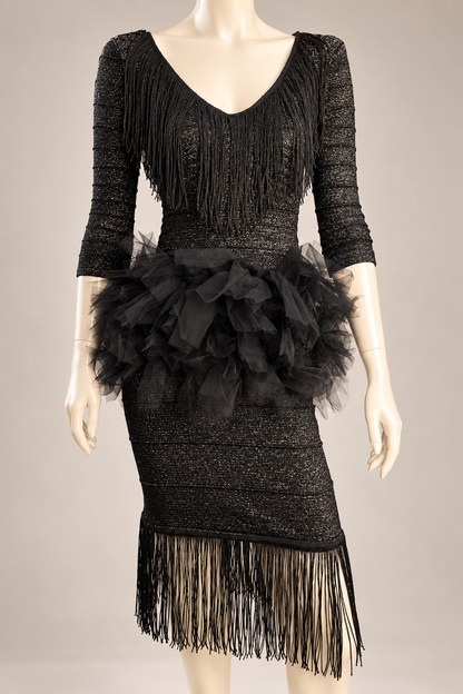 Midnight Glamour – Upcycled Black Fringe & Tulle Bodycon Dress