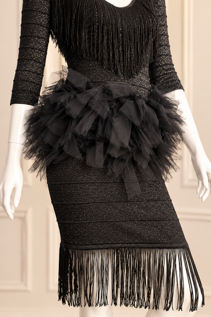 Midnight Glamour – Upcycled Black Fringe & Tulle Bodycon Dress