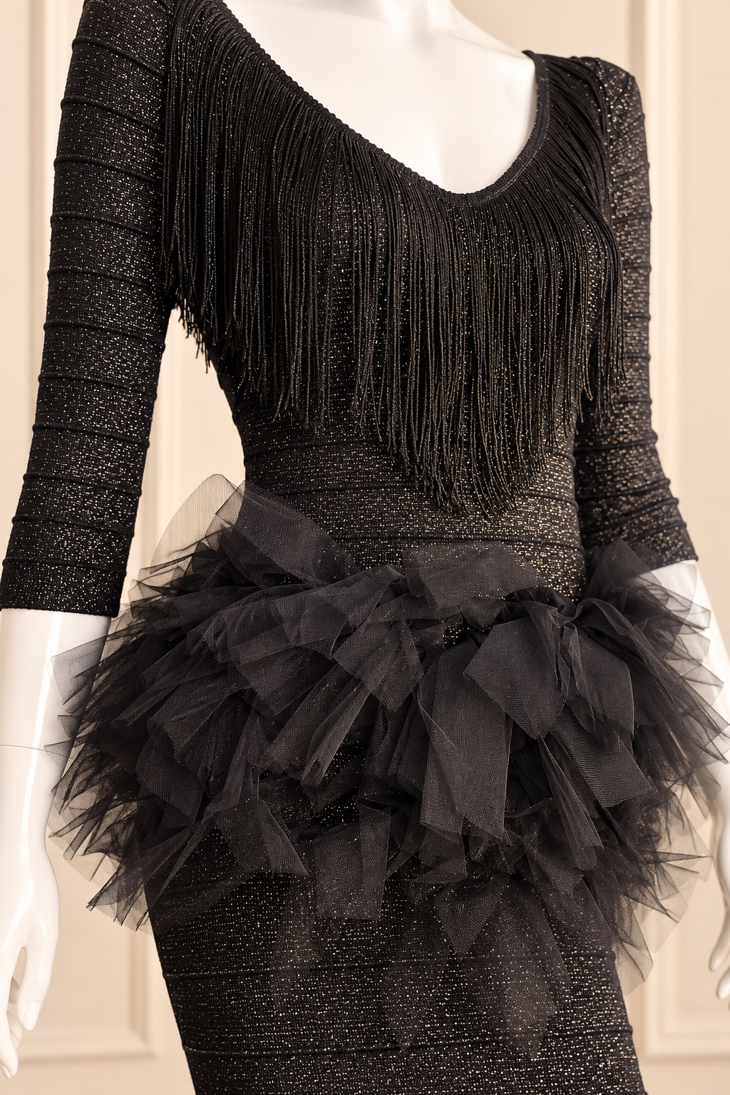 Midnight Glamour – Upcycled Black Fringe & Tulle Bodycon Dress