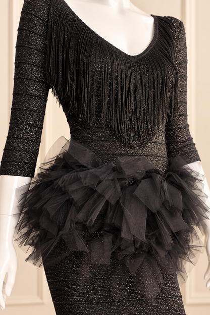 Midnight Glamour – Upcycled Black Fringe & Tulle Bodycon Dress