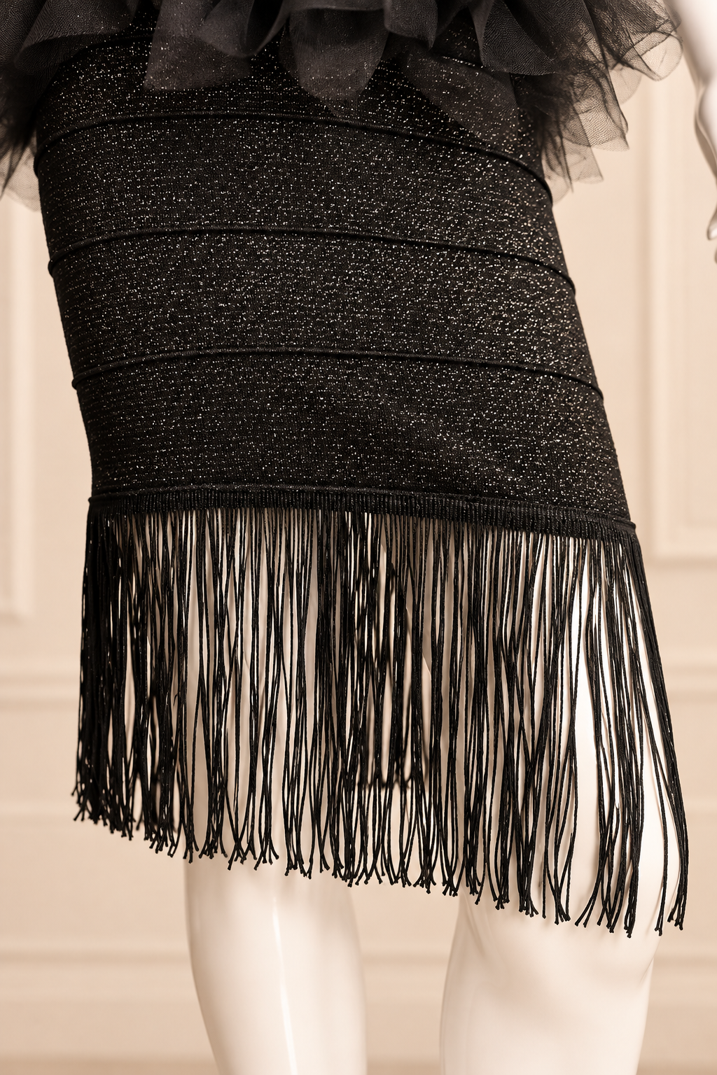 Midnight Glamour – Upcycled Black Fringe & Tulle Bodycon Dress