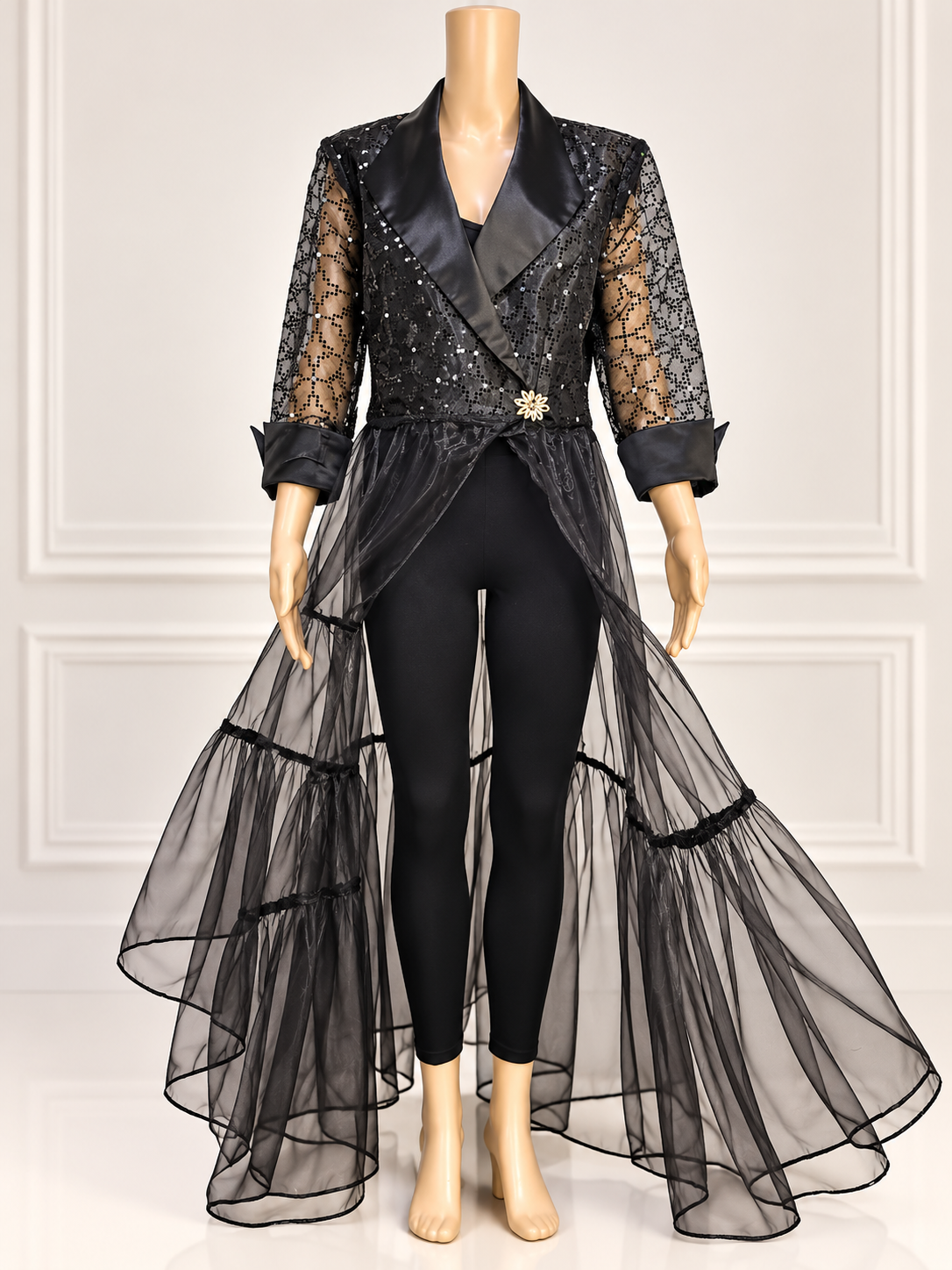 Black Sequin & Sheer Mesh Duster Cape – Upcycled Eveningwear Statement Piece