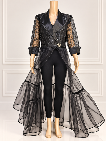 Black Sequin & Sheer Mesh Duster Cape – Upcycled Eveningwear Statement Piece