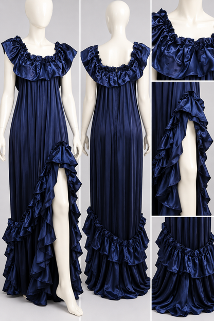 Midnight Sapphire – One-of-a-Kind Upcycled Ruffle Maxi Dress