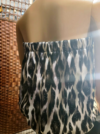 Women’s Strapless Tube Top M Abstract Black White Gray Beaded Sequin Pullover