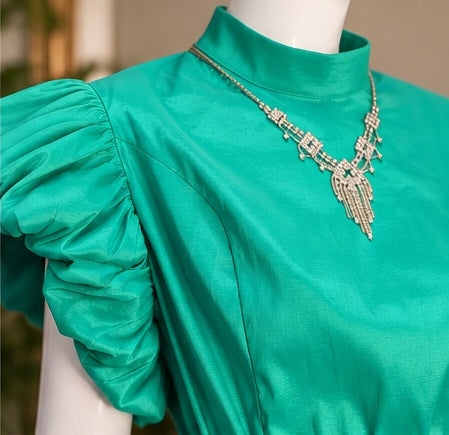 One-of-a-Kind Emerald Green Dress | Hand-Reconstructed Statement Sleeves | UpCycle Couture House