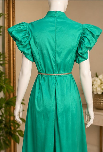One-of-a-Kind Emerald Green Dress | Hand-Reconstructed Statement Sleeves | UpCycle Couture House