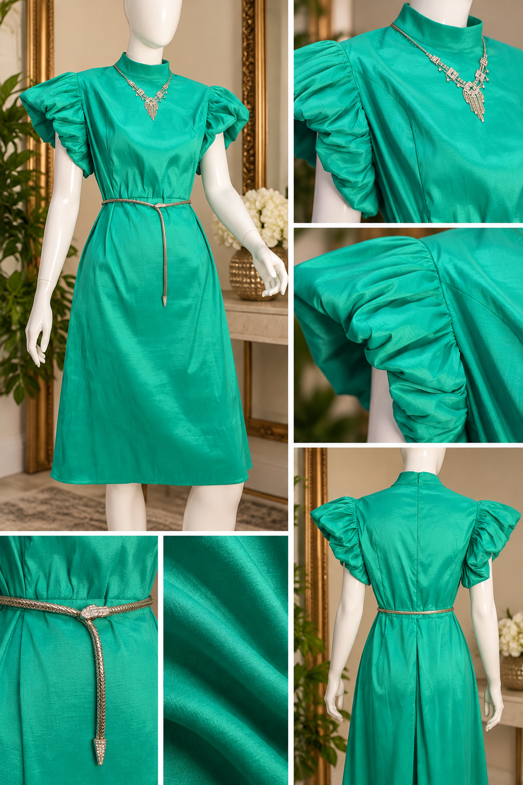 One-of-a-Kind Emerald Green Dress | Hand-Reconstructed Statement Sleeves | UpCycle Couture House