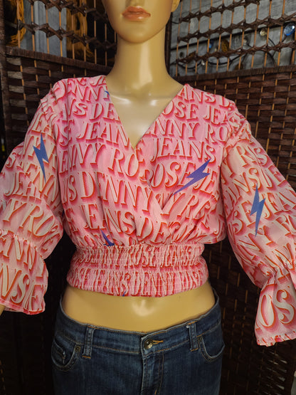 Pink Graphic Wrap-Style Crop Top | Statement Bell Sleeves | Smocked Waist